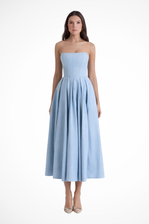 Women’s Strapless Flowy Midi Dress with Flared Skirt