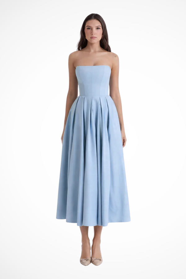Women’s Strapless Flowy Midi Dress with Flared Skirt