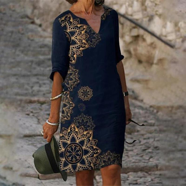 Women’s 3/4 Sleeve Floral Print V-Neck Midi Dress