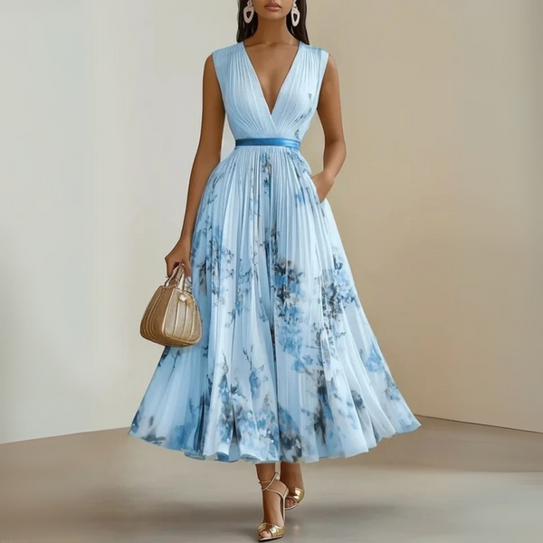 Women's Floral Print Sleeveless Midi Dress with Deep V-Neck