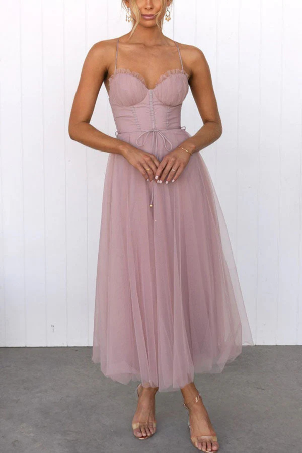 Women’s Corset Sweetheart Neck Tulle Midi Dress