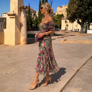 Vestido largo cruzado de tul de mujer con mangas transparentes