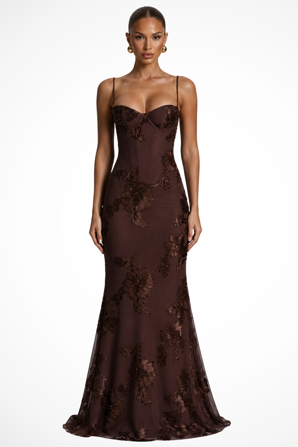 Women's Floral Embroidered Strapless Corset Maxi Dress