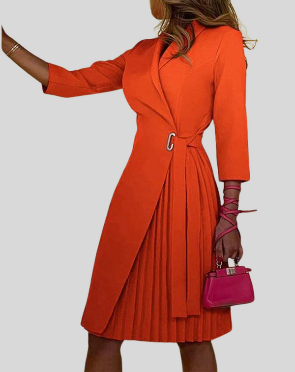 Women's Pleated Midi Dress with Cinched Waist