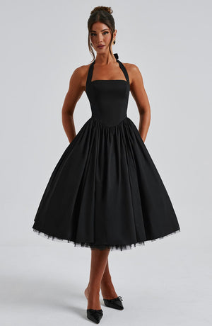 Vestido midi elegante de corte evasé en línea A para mujer