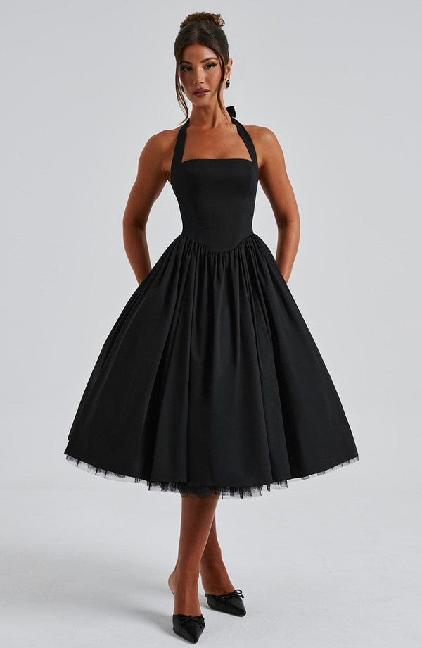 Vestido midi elegante de corte evasé en línea A para mujer