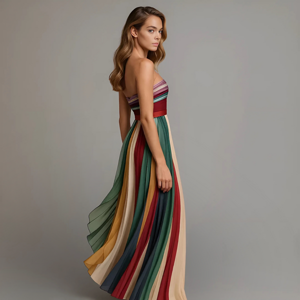 Women's Strapless Rainbow Pleated Maxi Dress