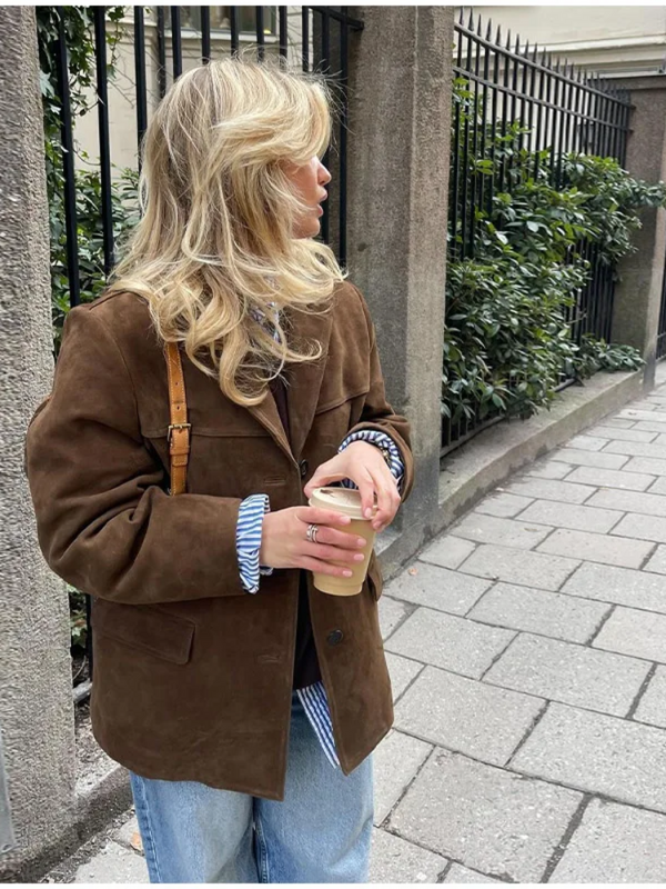 Stylish Brown Suede Oversized Trench Coat with Wide Lapel for Autumn/Winter