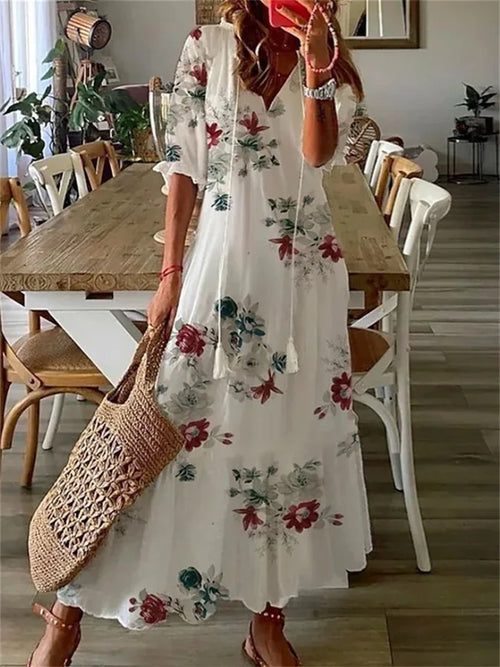 Women's Floral Print Summer Maxi Dress with Short Sleeves