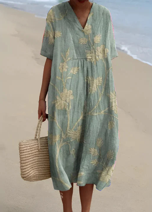 Vestido midi de mujer con escote en V y estampado artesanal