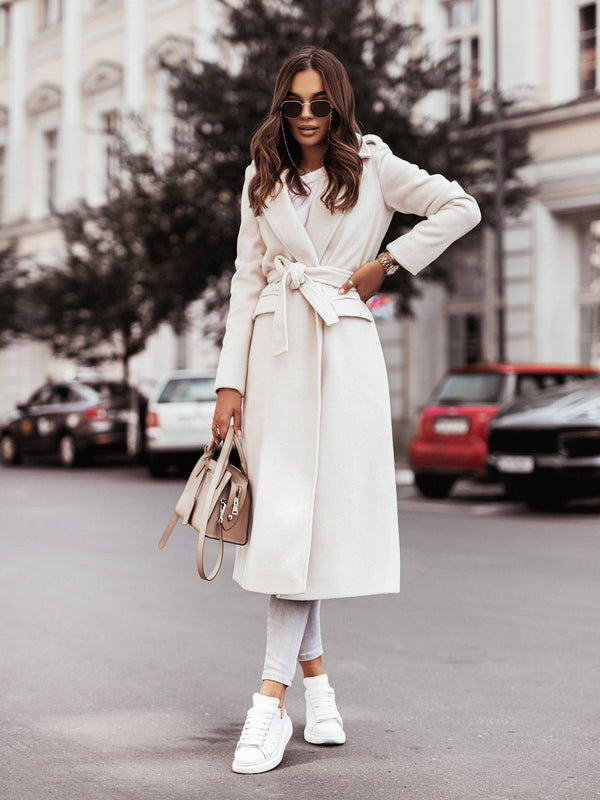 Women's Long Belted Wrap Coat with Lapel Collar