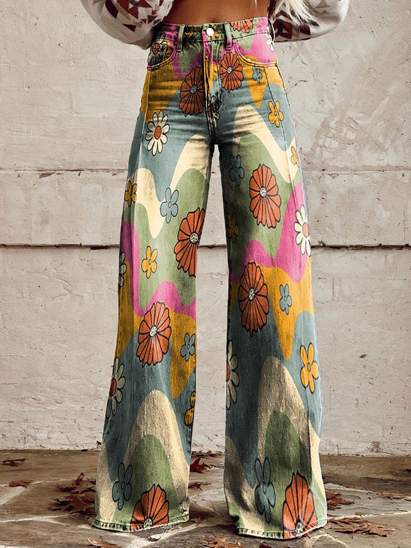 Women's High-Waisted Wide-Leg Floral Print Pants