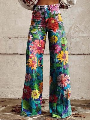 Women's High-Waisted Wide-Leg Floral Print Pants