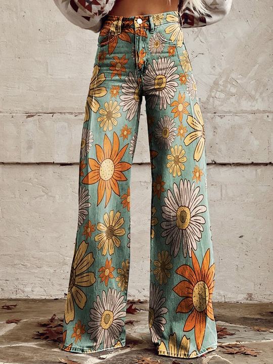 Women's High-Waisted Wide-Leg Floral Print Pants