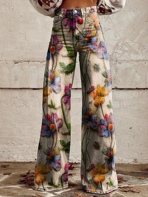 Women's High-Waisted Wide-Leg Floral Print Pants