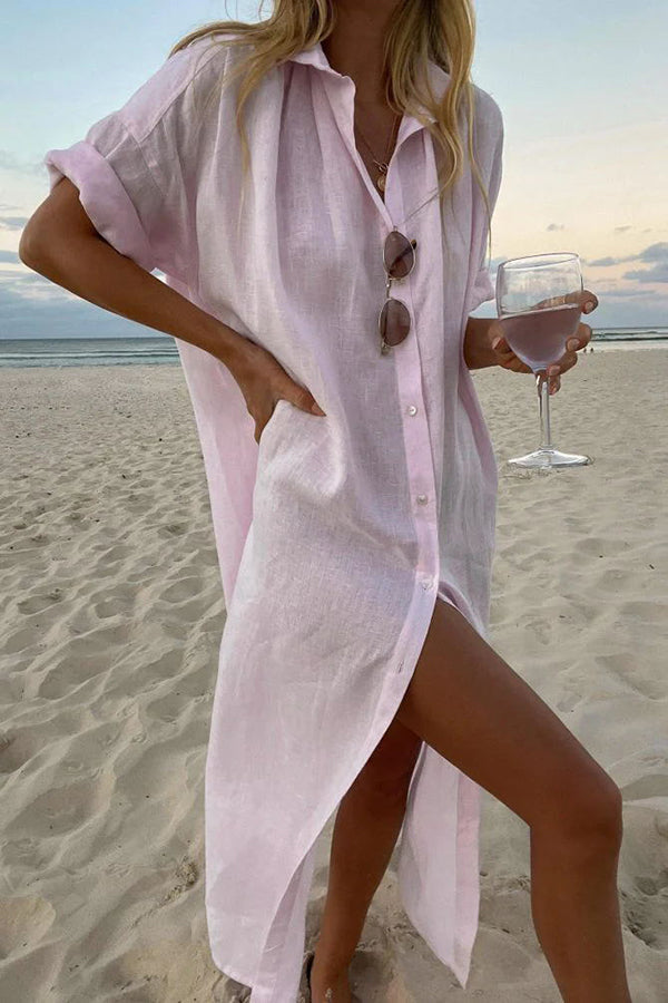 Vestido de lino camisero de mujer para cubrirse en la playa
