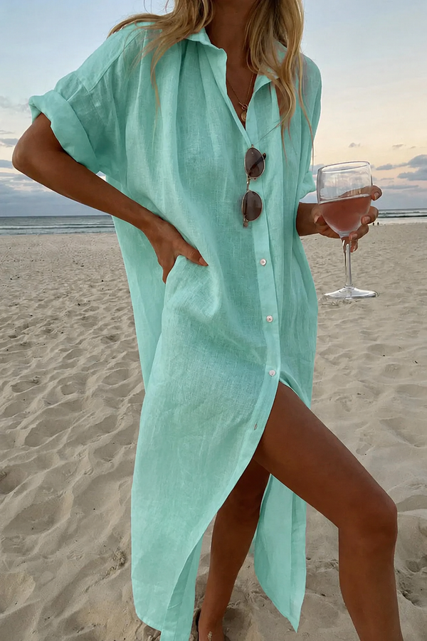 Vestido de lino camisero de mujer para cubrirse en la playa