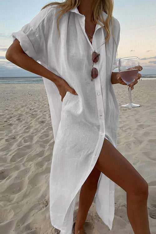 Vestido de lino camisero de mujer para cubrirse en la playa
