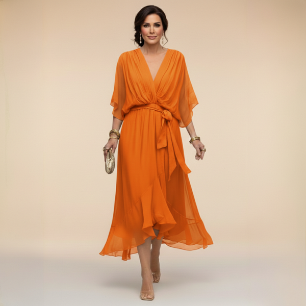 Vestido midi de gasa con escote en V y cintura con lazo para mujer