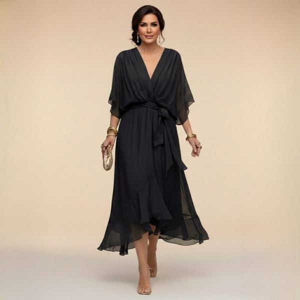 Vestido midi de gasa con escote en V y cintura con lazo para mujer