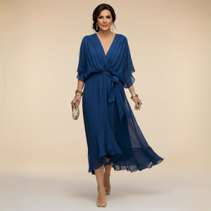Vestido midi de gasa con escote en V y cintura con lazo para mujer
