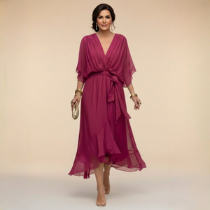 Vestido midi de gasa con escote en V y cintura con lazo para mujer
