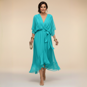 Vestido midi de gasa con escote en V y cintura con lazo para mujer