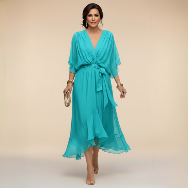 Vestido midi de gasa con escote en V y cintura con lazo para mujer