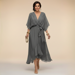 Vestido midi de gasa con escote en V y cintura con lazo para mujer