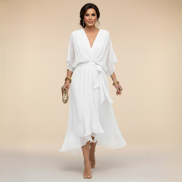 Vestido midi de gasa con escote en V y cintura con lazo para mujer