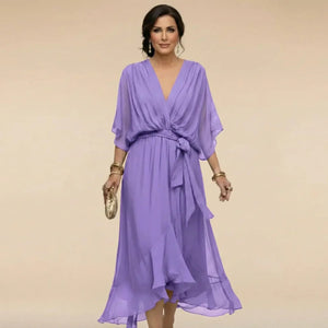 Vestido midi de gasa con escote en V y cintura con lazo para mujer