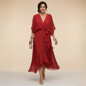 Vestido midi de gasa con escote en V y cintura con lazo para mujer