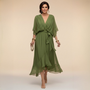 Vestido midi de gasa con escote en V y cintura con lazo para mujer