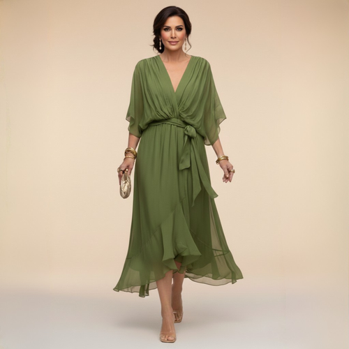 Vestido midi de gasa con escote en V y cintura con lazo para mujer