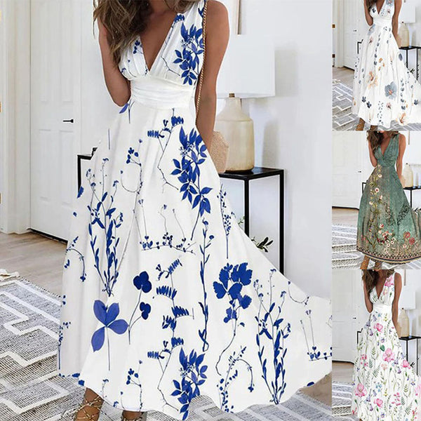 Women’s Floral Wrap Maxi Dress with Sleeveless V-Neck Design
