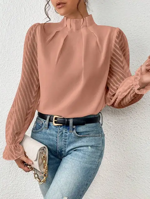 Elegant Sheer Sleeve Chic High-Neck Blouse for Women