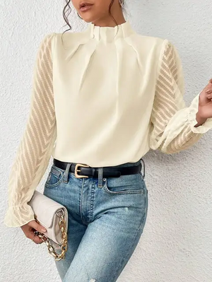 Elegant Sheer Sleeve Chic High-Neck Blouse for Women