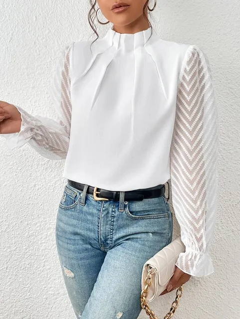 Elegant Sheer Sleeve Chic High-Neck Blouse for Women