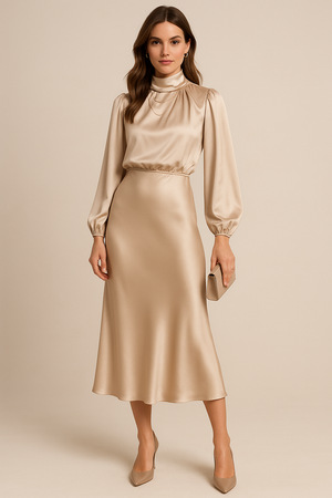 Women's Satin Pleated Long Sleeve Midi Dress