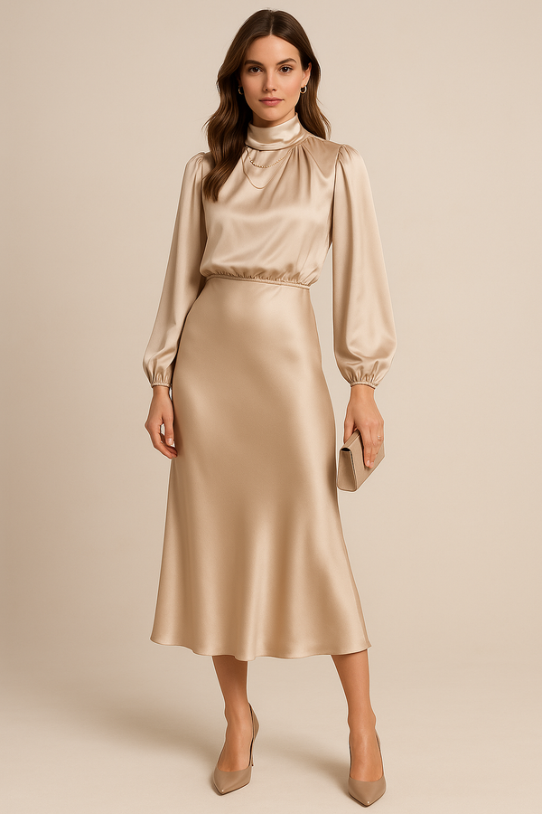 Women's Satin Pleated Long Sleeve Midi Dress