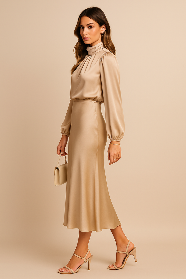Women's Satin Pleated Long Sleeve Midi Dress