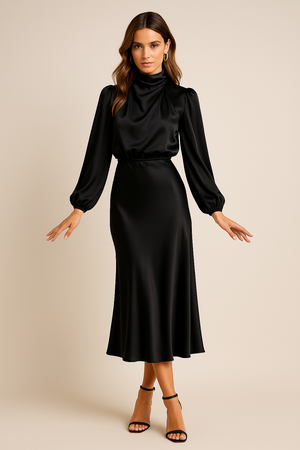 Women's Satin Pleated Long Sleeve Midi Dress