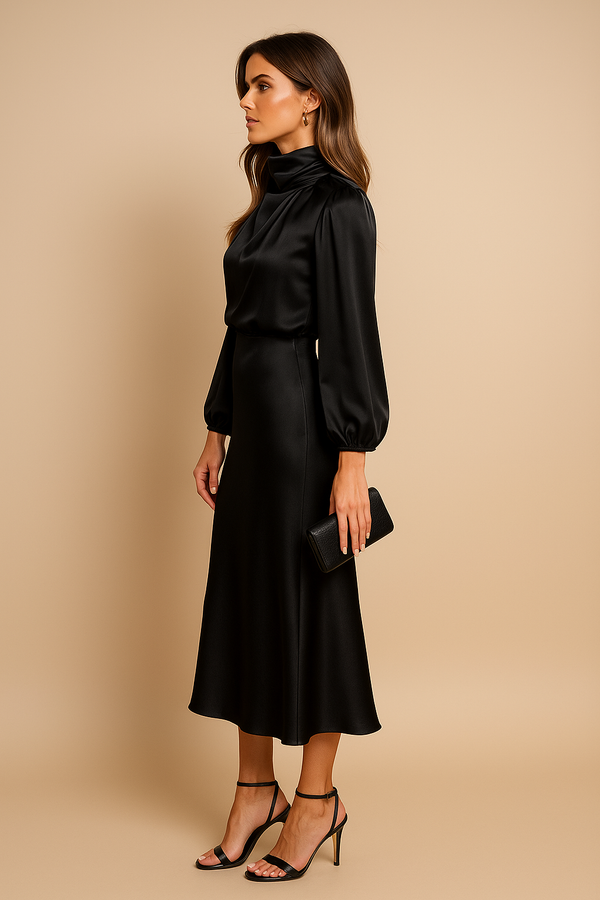 Women's Satin Pleated Long Sleeve Midi Dress