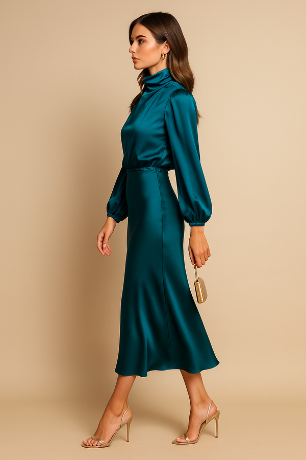 Women's Satin Pleated Long Sleeve Midi Dress
