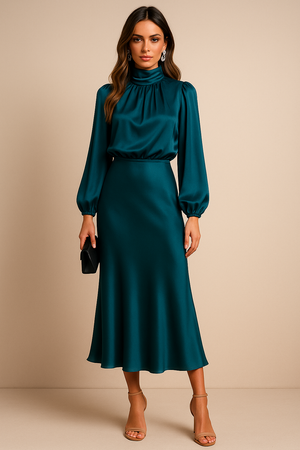 Women's Satin Pleated Long Sleeve Midi Dress