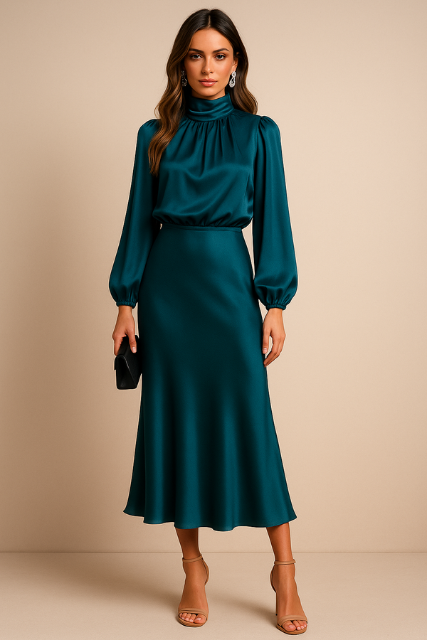 Women's Satin Pleated Long Sleeve Midi Dress
