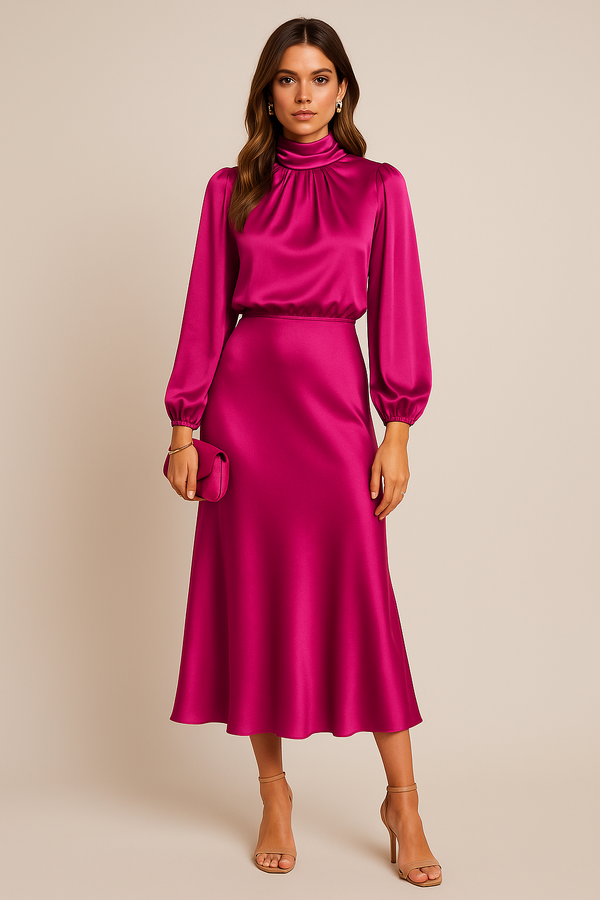 Women's Satin Pleated Long Sleeve Midi Dress