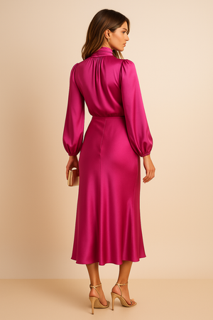 Women's Satin Pleated Long Sleeve Midi Dress