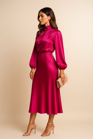 Women's Satin Pleated Long Sleeve Midi Dress
