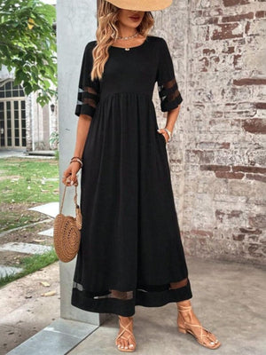 Vestido largo bohemio para mujer con mangas 3/4 y ribete de malla transparente